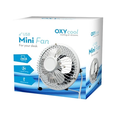 Oxy Cool 4” USB Mini Desk Fan – Portable, Tilt, White