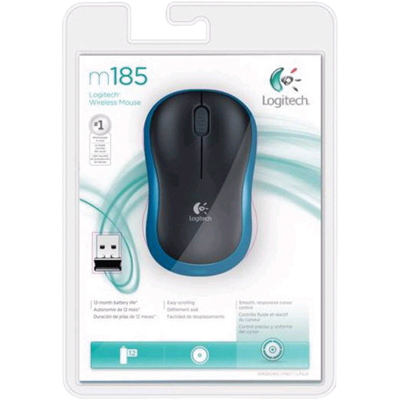 Logitech M185 Wireless Mouse Black & Blue USB Nano Receiver