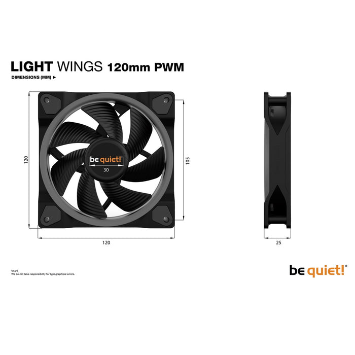 be quiet! Light Wings PWM Addressable RGB Fan, 120mm, 1700RPM, 4-Pin PWM Fan & 3-Pin ARGB Connectors, Black Frame, Black Blades - IT Supplies Ltd