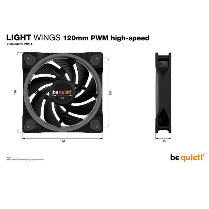 be quiet! Light Wings PWM High Speed Addressable RGB Fan, 120mm, 2500RPM, 4-Pin PWM Fan & 3-Pin ARGB Connectors - IT Supplies Ltd