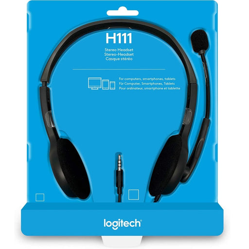 Logitech H111 Wired Headset, Stereo Sound, 3.5mm Audio Jack, Noise-Cancelling Microphone, Black - IT Supplies Ltd