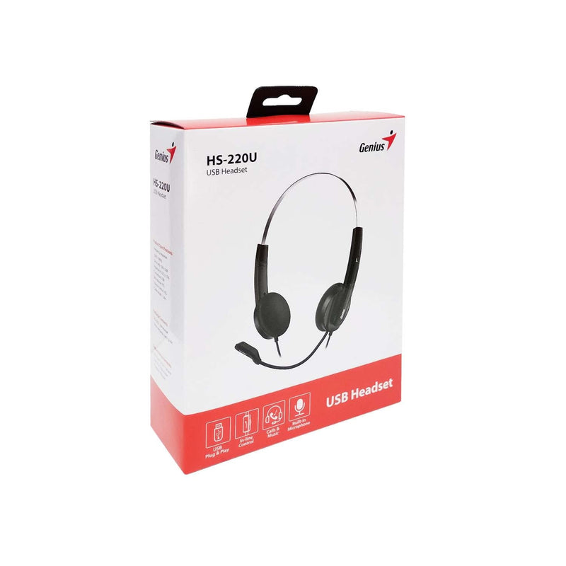 Genius HS-220U Ultra Lightweight Headset with Mic, USB Connection, Plug and Play, Adjustable Headband and microphone with In-line Volume Control, Black - IT Supplies Ltd
