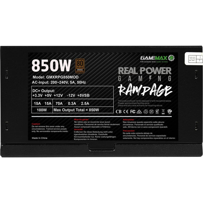 Gamemax RPG Rampage 850W Fully Modular 80 Plus Gold PSU With 140mm FDB Fan - IT Supplies Ltd