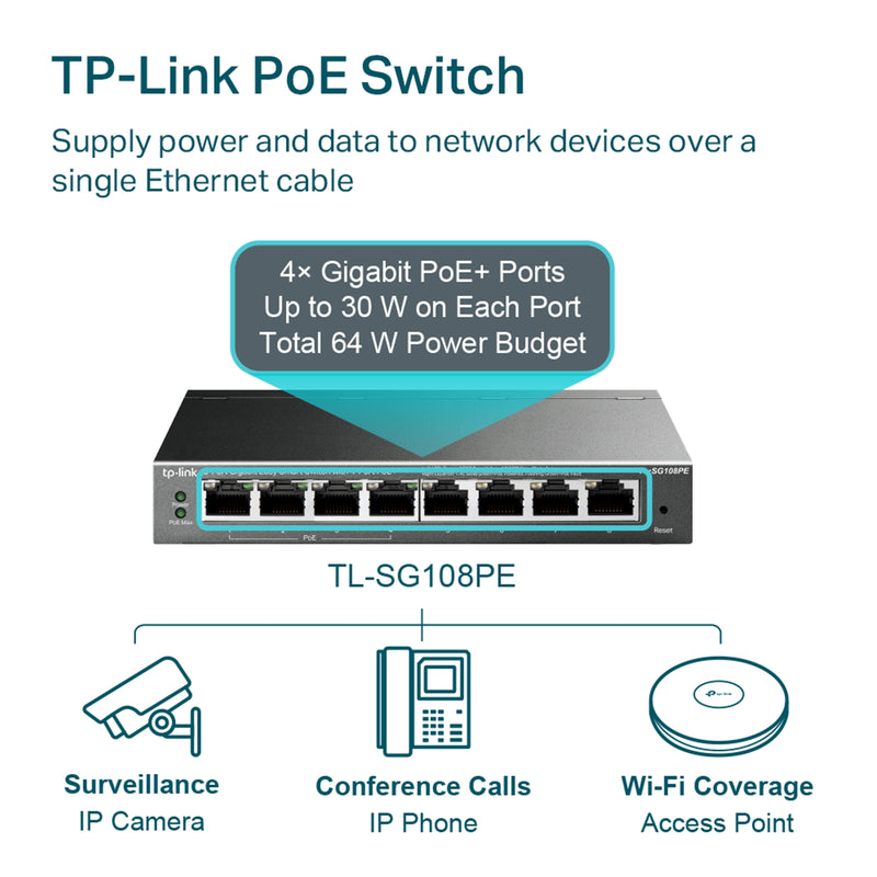TP-Link TL-SG108PE 8-Port Gigabit PoE+ Smart Switch (64W) - IT Supplies Ltd