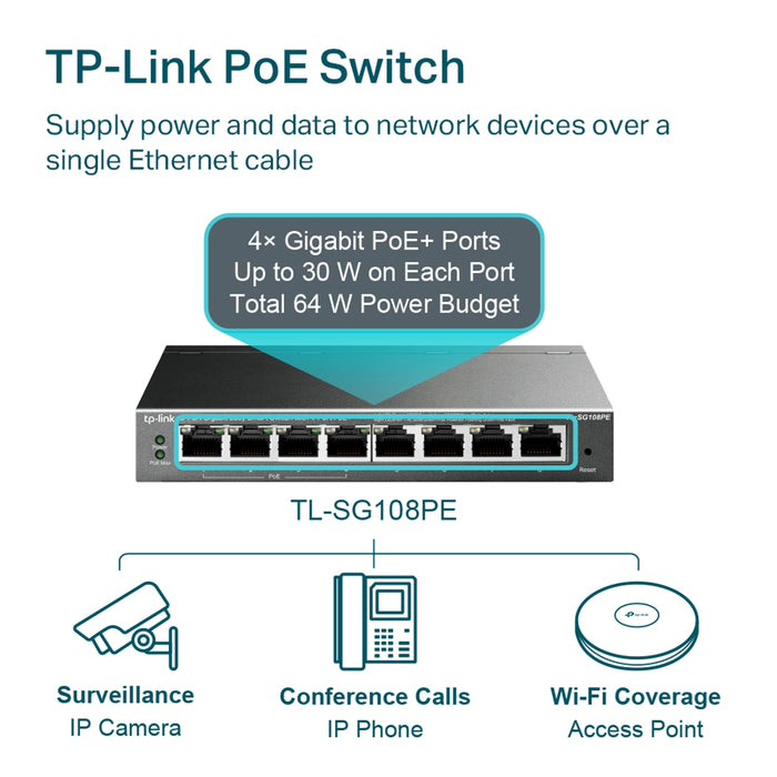TP-Link TL-SG108PE 8-Port Gigabit PoE+ Smart Switch (64W)