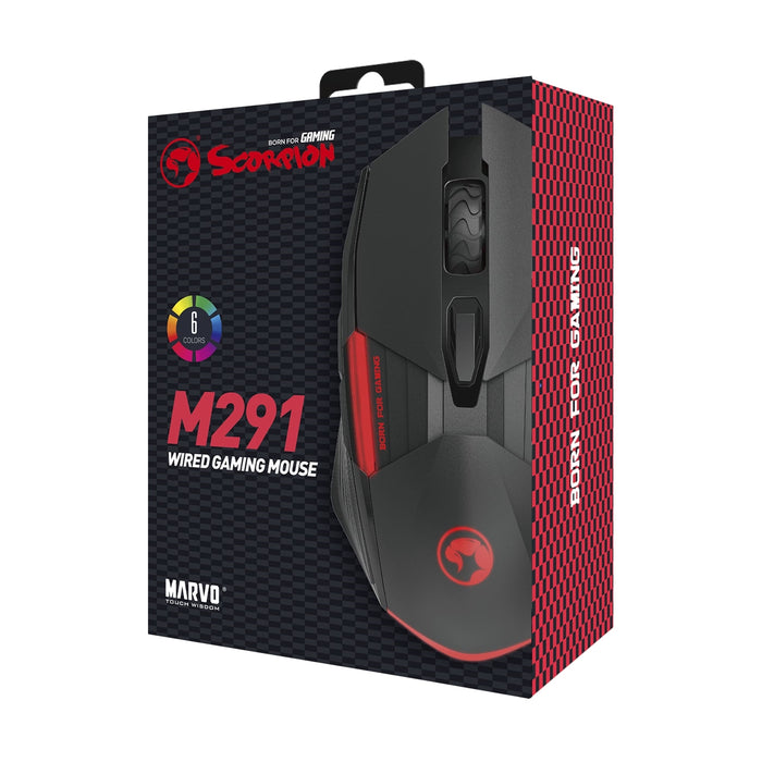 Marvo Scorpion M291 Gaming Mouse, USB, 6 LED Colours, Adjustable up to 6400 DPI, Gaming Grade Optical Sensor with 6 Programmable Buttons - IT Supplies Ltd