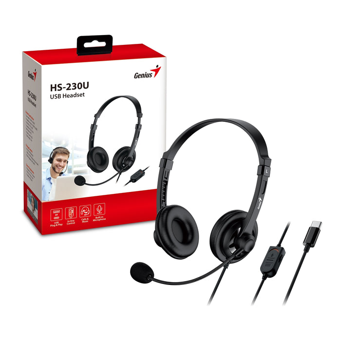 Genius HS-230U Headset with Mic, USB-C Connection, Plug and Play, Adjustable Headband and microphone with In-line Volume Control, Black - IT Supplies Ltd