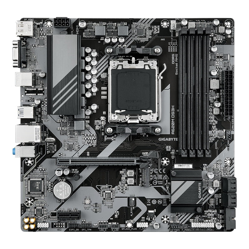 Gigabyte A620M DS3H Ultra Durable AMD AM5 Socket Motherboard, Micro-ATX, 4x DDR5 Slots, 1x M.2 Socket, 1x USB-C Port, GbE LAN, 1x D-Sub / 1x DisplayPort / 1x HDMI Port - IT Supplies Ltd