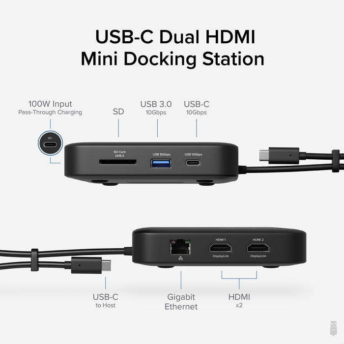 Plugable USBC-6950PDZ USB-C Dual HDMI Dock | 100W PD | USB 3.0