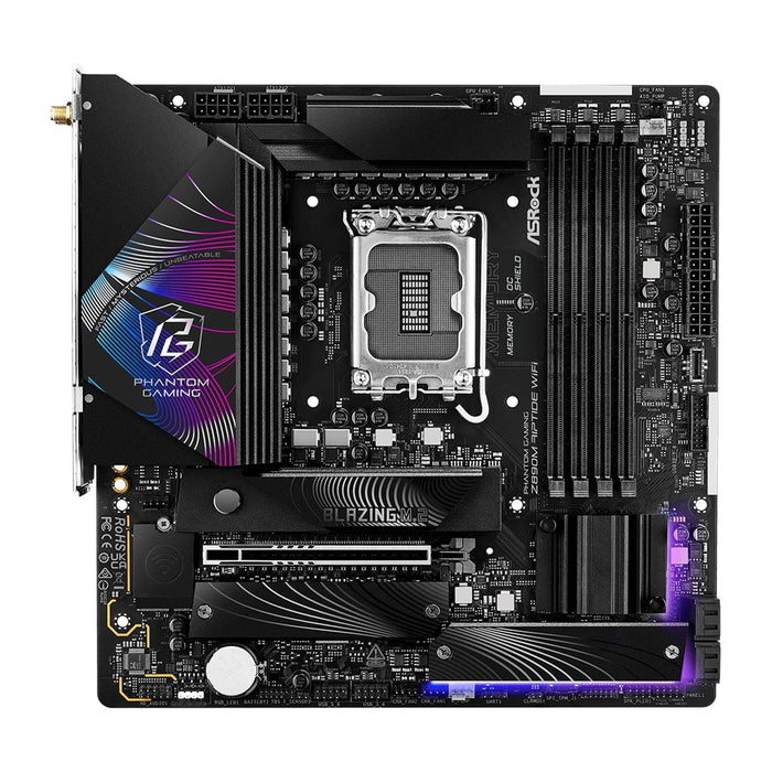 ASRock Z890M RIPTIDE WIFI PHANTOM GAMING Intel 1851 Socket Motherboard, Micro-ATX, 4x DDR5 Slots, 3x M.2 Sockets, 3x USB-C Port, Fitted I/O Shield, 2.5GbE LAN, Wi-Fi 6E, 1x DisplayPort / 1x HDMI / 2x USB-C (USB4) - IT Supplies Ltd