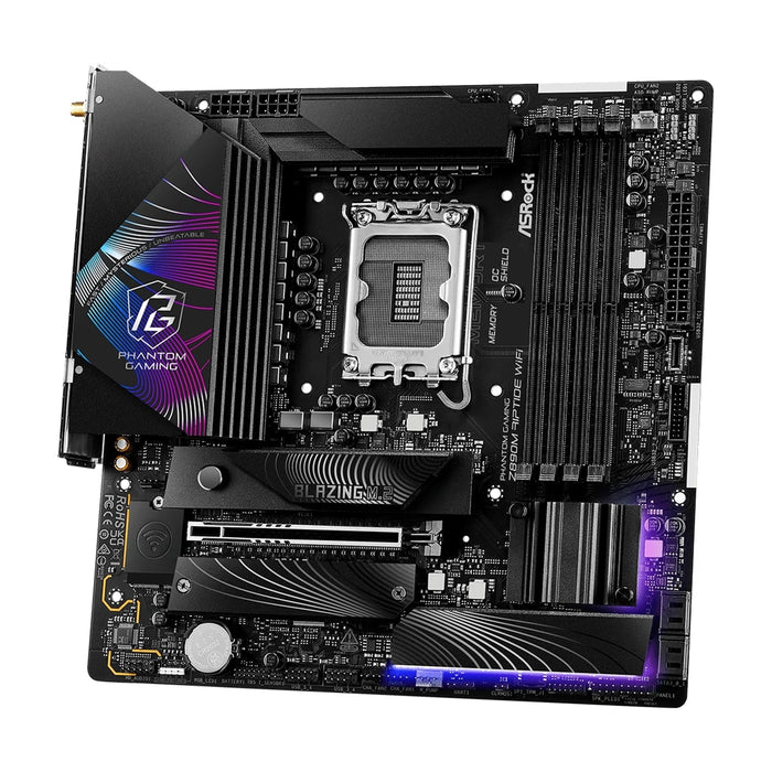 ASRock Z890M RIPTIDE WIFI PHANTOM GAMING Intel 1851 Socket Motherboard, Micro-ATX, 4x DDR5 Slots, 3x M.2 Sockets, 3x USB-C Port, Fitted I/O Shield, 2.5GbE LAN, Wi-Fi 6E, 1x DisplayPort / 1x HDMI / 2x USB-C (USB4) - IT Supplies Ltd