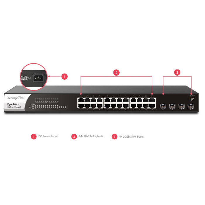 DrayTek VigorSwitch P1281X 24-Port PoE+ Managed Switch, 10GbE