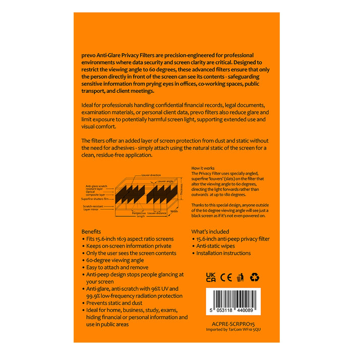 prevo 15.6-Inch Laptop Privacy Filter – Anti-Glare, Anti-Peep, Static-Free