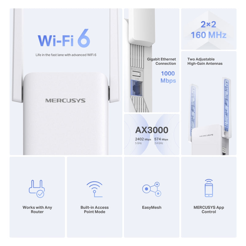 Mercusys ME80X AX3000 Wi-Fi 6 Range Extender, Dual Band, Gigabit - IT Supplies Ltd