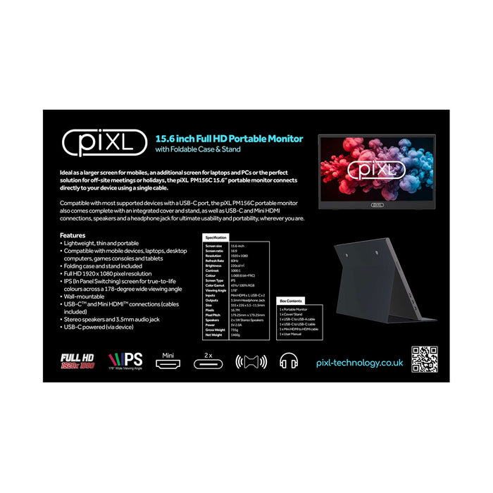 piXL PM156C 15.6" Full HD IPS Portable Monitor – HDMI, USB-C