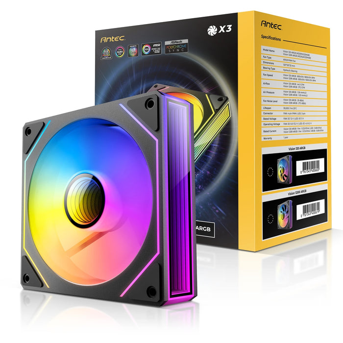 Antec Vision 120mm Reverse ARGB Fan 3 Pack – 1500RPM, 37.2CFM, Black