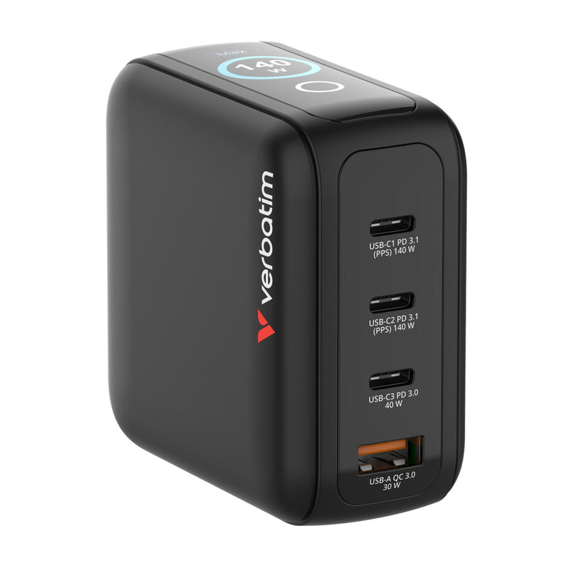 Verbatim 140W GaN Charger with Display – 3C1A Fast Charging