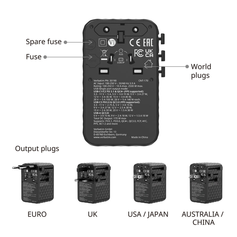 Verbatim 170W Universal Travel Adapter GaN III Fast Charger