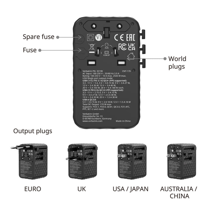 Verbatim 170W Universal Travel Adapter GaN III Fast Charger