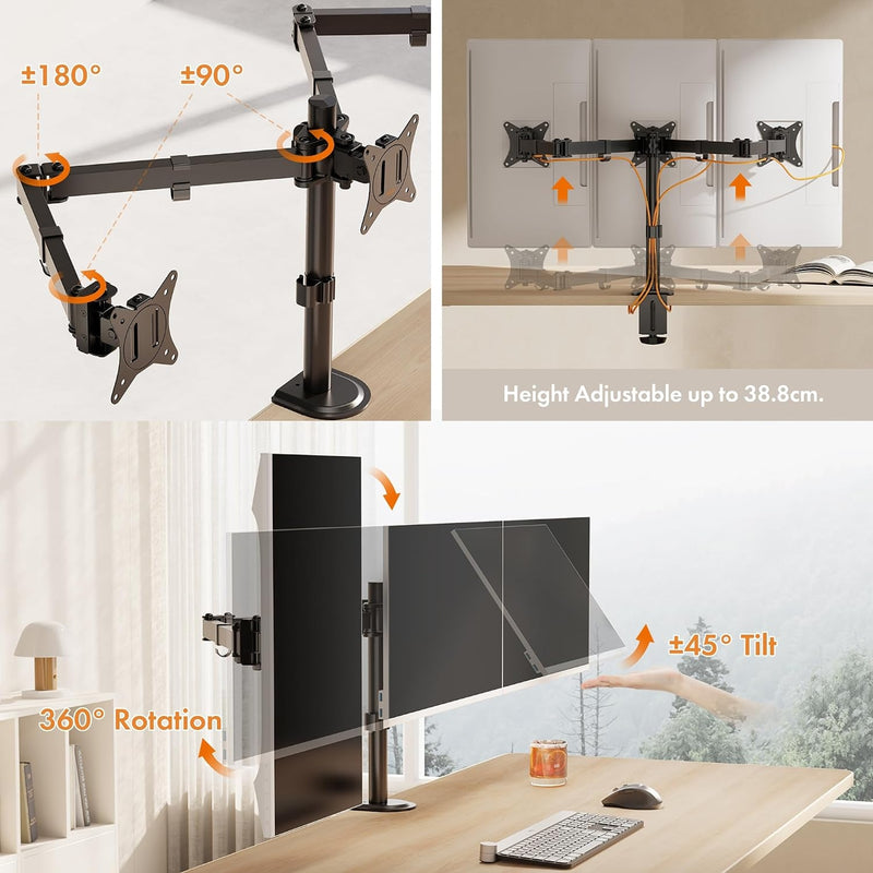VonHaus Triple Monitor Stand for 17-27" Screens VESA Desk Mount