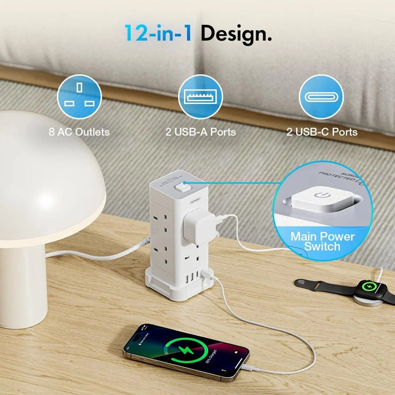 VonHaus Tower Extension Lead with USB-C, 8 Sockets, Surge Protection White