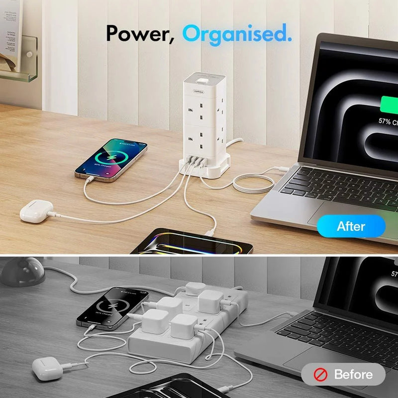 VonHaus Tower Extension Lead with USB-C, 8 Sockets, Surge Protection White