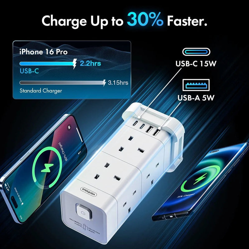 VonHaus Tower Extension Lead with USB-C, 8 Sockets, Surge Protection White