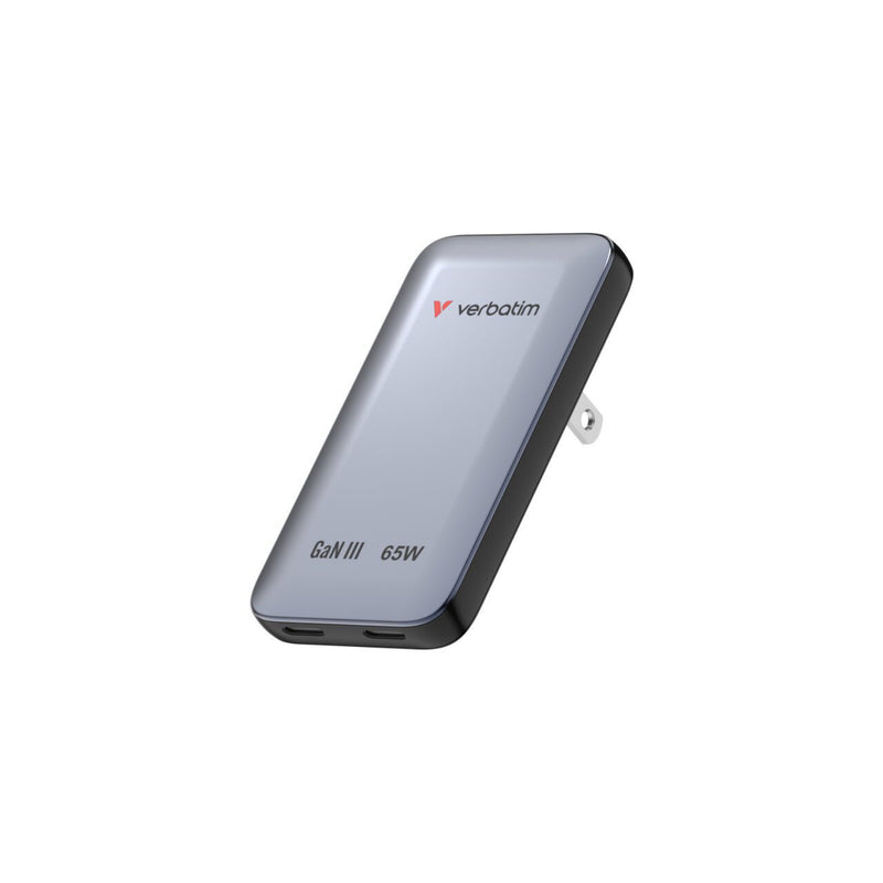 Verbatim Essentials Slim GaN 65W Dual USB-C Travel Charger Grey