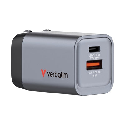 Verbatim 35W GaN Charger USB-C PD QC 3.0 Travel Plug EU UK US