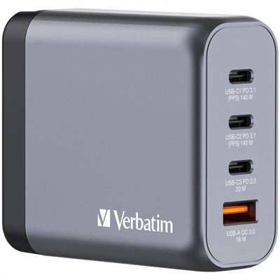 Verbatim 140W GaN USB-C PD Fast Wall Charger 4 Port UK/EU/US