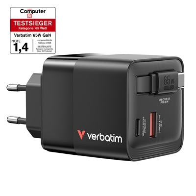 Verbatim 65W GaN Charger USB-C PD QC3.0 Retractable Cable