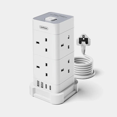 VonHaus Tower Extension Lead with USB-C, 8 Sockets, Surge Protection White