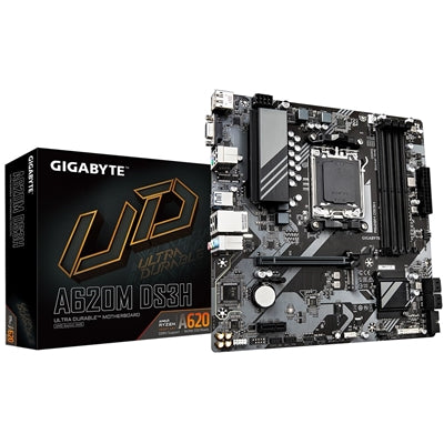 Gigabyte A620M DS3H Ultra Durable AMD AM5 Socket Motherboard, Micro-ATX, 4x DDR5 Slots, 1x M.2 Socket, 1x USB-C Port, GbE LAN, 1x D-Sub / 1x DisplayPort / 1x HDMI Port - IT Supplies Ltd