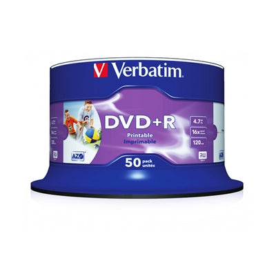Verbatim DVD+R 4.7GB 16x 50 Pack Wide Inkjet Printable Spindle