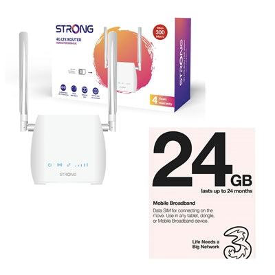Strong 4GROUTER300MUK 4G LTE CAT4 Unlocked Mobile Broadband Wireless Router (Including 1 x Three 3G 4G &amp; 5G-Ready 24GB Prepaid Mobile Broadband Trio SIM Card) - IT Supplies Ltd