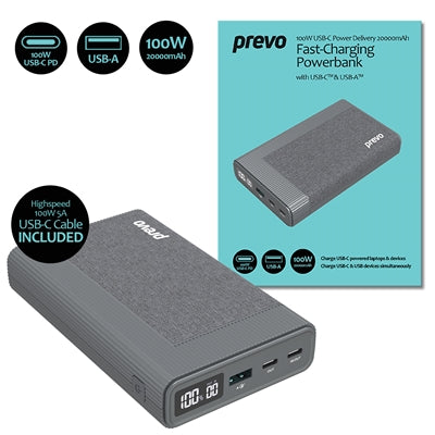 Prevo AD10C 100W USB-C Power Delivery PD 20000mAh Portable Fast-Charging Powerbank with Digital Display, Dual USB-C & USB-A with 100W USB-C Cable Included - IT Supplies Ltd
