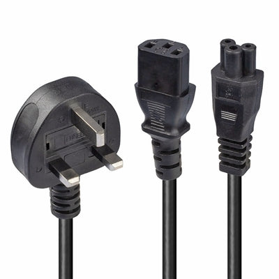LINDY 30374 2.5m UK 3 Pin Plug to IEC C13 &amp; IEC C5 Splitter Extension Cable, Black - IT Supplies Ltd