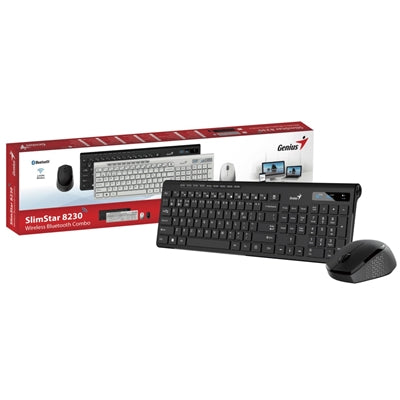 Genius SlimStar 8230 Blutooth 5.3 and 2.4GHz Wireless Keyboard and Mouse Set, 12 Multimedia Function Keys, Full Size UK Layout, Optical Sensor Mouse, 1200dpi, Connect up to 3 devices simultaneously - IT Supplies Ltd