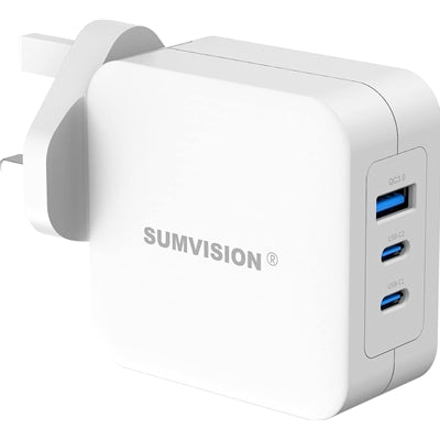 SUMVISION Universal 3 Port USB Laptop Wall Charger, 100W, GaN, Multiport USB Connections with Type-C, USB-A QC3.0 Fast Charge &amp; USB-A, Includes UK Plug, Suitable for USB-C Laptop Charging, UK Design and Free UK Tech Support - IT Supplies Ltd