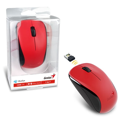 Genius NX-7000 Wireless Mouse, 2.4 GHz with USB Pico Receiver, Adjustable DPI levels up to 1200 DPI, 3 Button with Scroll Wheel, Ambidextrous Design, Red - IT Supplies Ltd