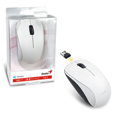 Genius NX-7000 Wireless Mouse, 2.4 GHz with USB Pico Receiver, Adjustable DPI levels up to 1200 DPI, 3 Button with Scroll Wheel, Ambidextrous Design, White - IT Supplies Ltd