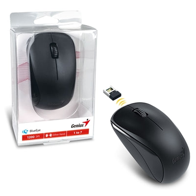 Genius NX-7000 Wireless Mouse, 2.4 GHz with USB Pico Receiver, Adjustable DPI levels up to 1200 DPI, 3 Button with Scroll Wheel, Ambidextrous Design, Black - IT Supplies Ltd