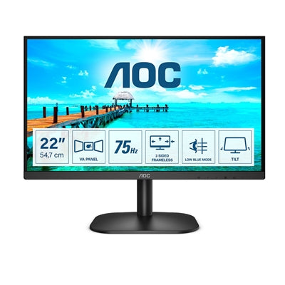 AOC 22B2H/EU 21.5 Inch Frameless Monitor, Full HD, Widescreen, VGA, HDMI, 4ms, 75Hz, VESA, Tilt - IT Supplies Ltd