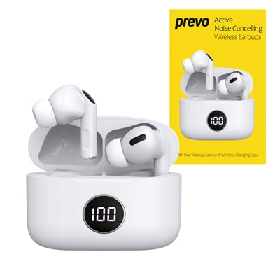 Prevo M10 Active Noise Cancelling TWS Earbuds, Bluetooth 5.3, Automatic Pairing, Touch Control Feature with Digital LED Display Wireless Charging Case, Android, IOS and Windows Compatible, White - IT Supplies Ltd