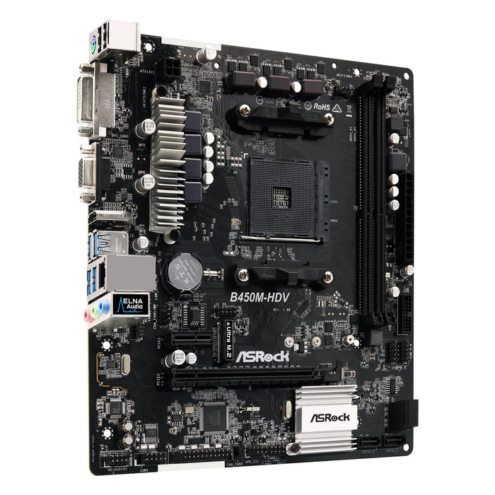 ASRock B450M-HDV Motherboard, AMD Socket AM4, Micro ATX, DDR4, USB 3.1, 1 PCIe 3.0 x16, 1 PCIe 2.0 x1, VGA/DVI-D/HDMI, Realtek Gigabit LAN - IT Supplies Ltd