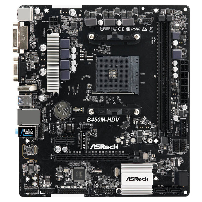 ASRock B450M-HDV Motherboard, AMD Socket AM4, Micro ATX, DDR4, USB 3.1, 1 PCIe 3.0 x16, 1 PCIe 2.0 x1, VGA/DVI-D/HDMI, Realtek Gigabit LAN - IT Supplies Ltd
