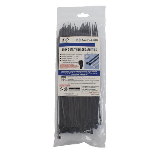 Evo Labs Black Cable Ties 200 x 2.5mm 100 Pack - IT Supplies Ltd