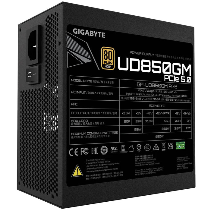 GIGABYTE UD850GM PG5 850W PSU, 120mm Smart Hydraulic Bearing Fan, 80 PLUS Gold, Fully Modular, UK Plug, High-Quality Japanese Capacitors, Support for PCIe Gen 5.0 Graphics Cards with High Quality Native 16-pin Cable - IT Supplies Ltd