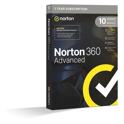 Norton 360 Advanced, Antivirus Software for 10 Devices, 1-year Subscription, Includes Secure VPN, Dark Web Monitoring and Password Manager, 200GB of Cloud Storage, PC/Mac/iOS/Android - IT Supplies Ltd
