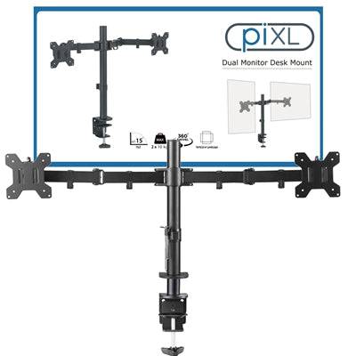 piXL Double Monitor Arm, For Upto 2x 27 inch Monitors, Desk Mounted, VESA dimensions of 75x75mm or 100x100mm, 180 Degrees Swivel, 15 Degrees Tilt, Weight Upto 10kg per screen, Built in Cable Management - IT Supplies Ltd